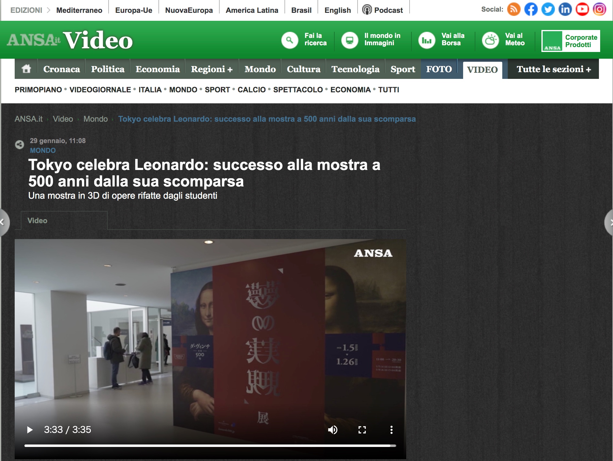 イタリアの通信局ANSA（日本の共同通信のようなメディア）から映像ニュースが配信されました。